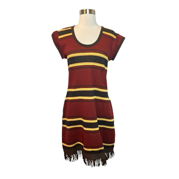 Double D Ranch Dresses & Skirts - Double D Ranch Knit Dress Small Striped Maroon Scoop Neck Short Sleeve Fringed